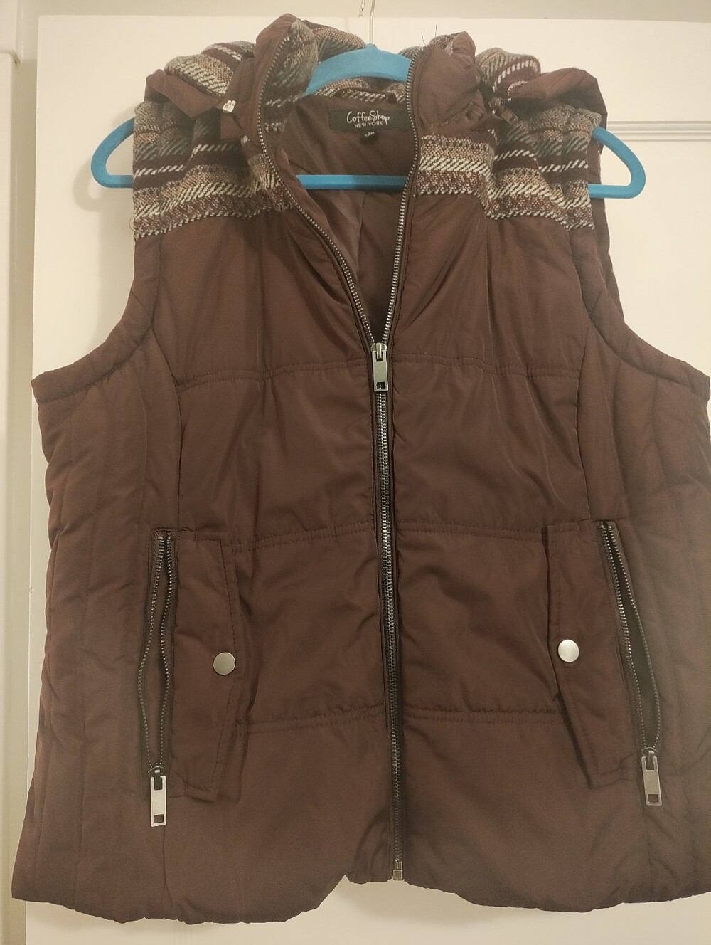 CoffeeShop New York Womens XL Maroon Hooded Puffer Vest Plaid Trim Y2K